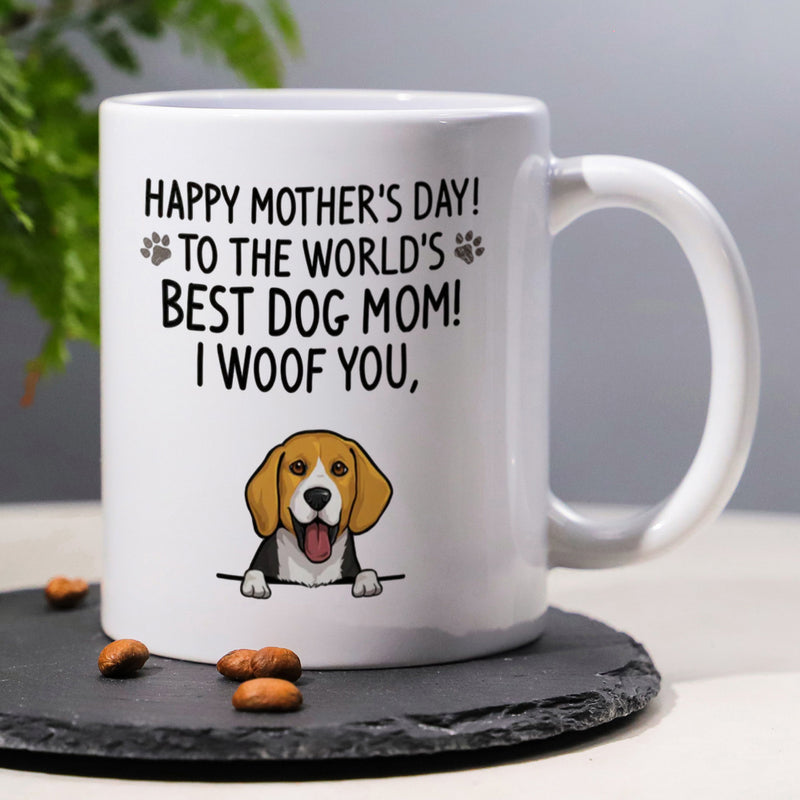 Tailorly White Ceramic 11 oz Mug - Happy Mother's Day To The World's Best Dog Mom I Woof You Adorable Cartoon Peeking Over Edge With Tiny Black Paw Prints Beagle