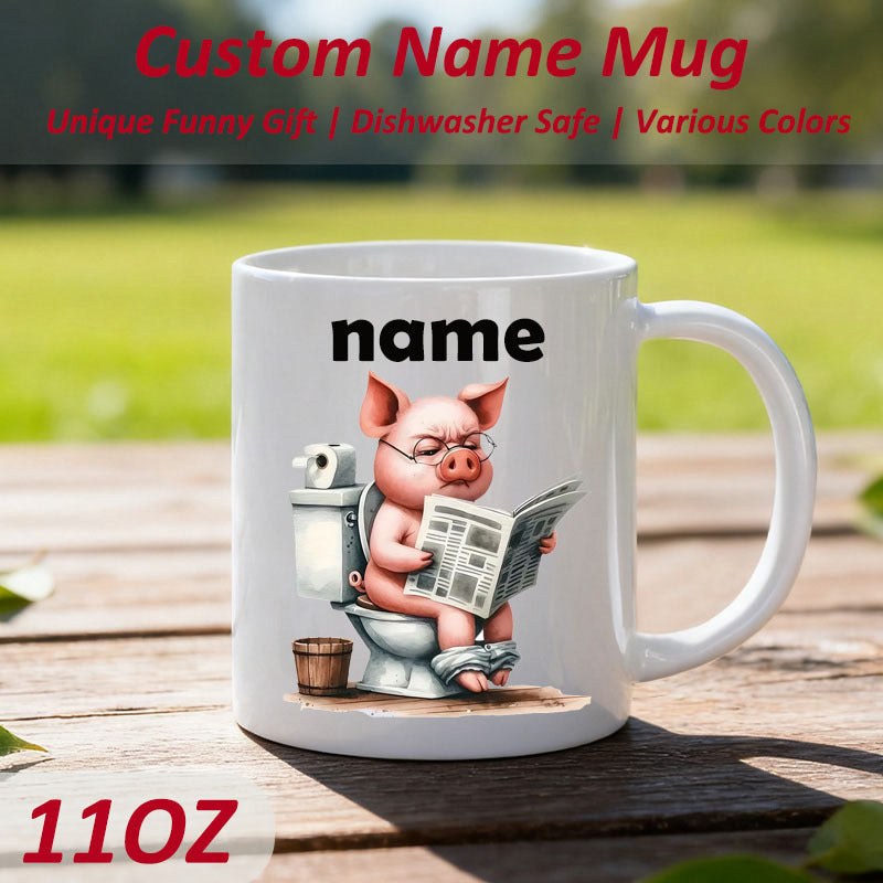 Tailorly White Ceramic 11 oz Mug - Name Pink Character Wearing Glasses Sitting On Toilet Reading The Daily Newspaper Pig