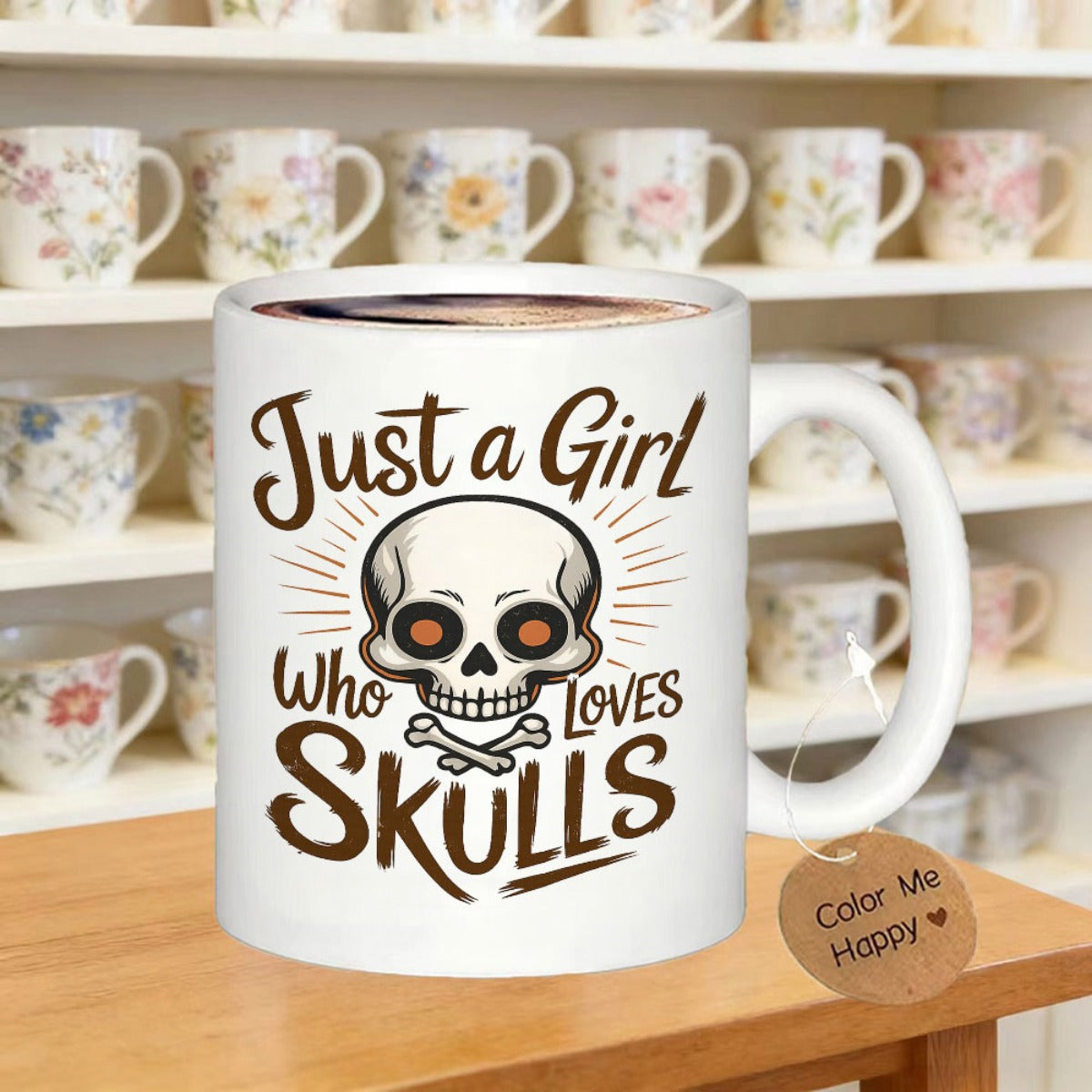 Tailorly White Ceramic 11 oz Mug - Just A Girl Who Loves Skulls Stylized Illustration With Crossed Bones And Decorative Radiating Lines Skull