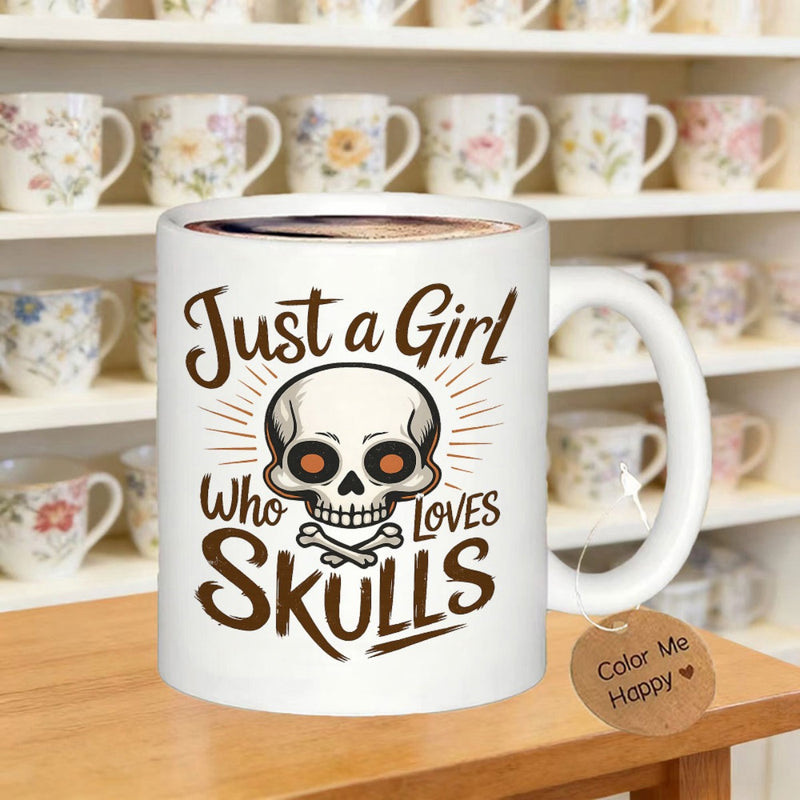 Tailorly White Ceramic 11 oz Mug - Just A Girl Who Loves Skulls Stylized Illustration With Crossed Bones And Decorative Radiating Lines Skull
