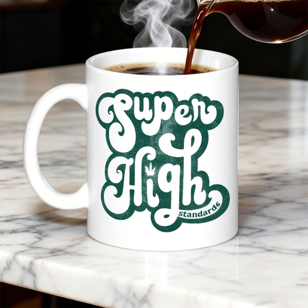 Tailorly White Ceramic 11 oz Mug - Super High Standards Vintage Green Retro Style Typography Featuring A Small Leaf Icon Mug