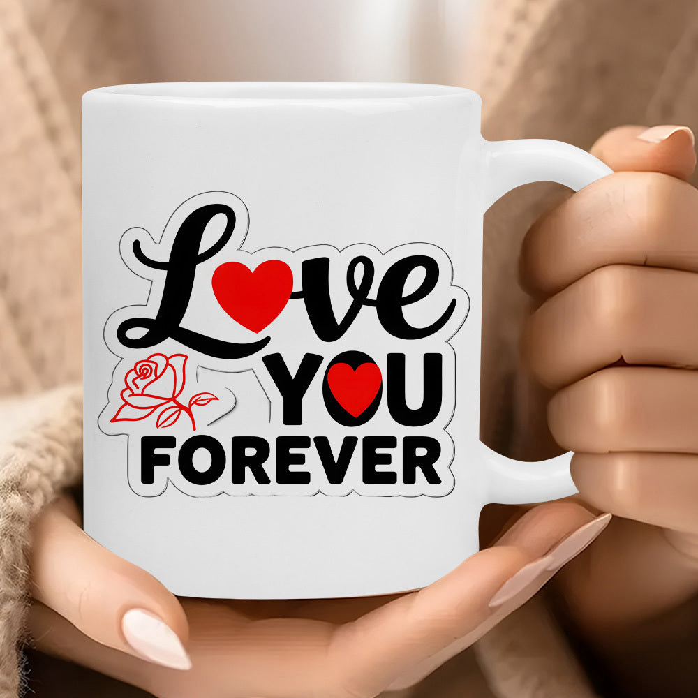 Tailorly White Ceramic 11 oz Mug - Love You Forever Romantic Red Hearts And Delicate Rose Line Art On Ceramic