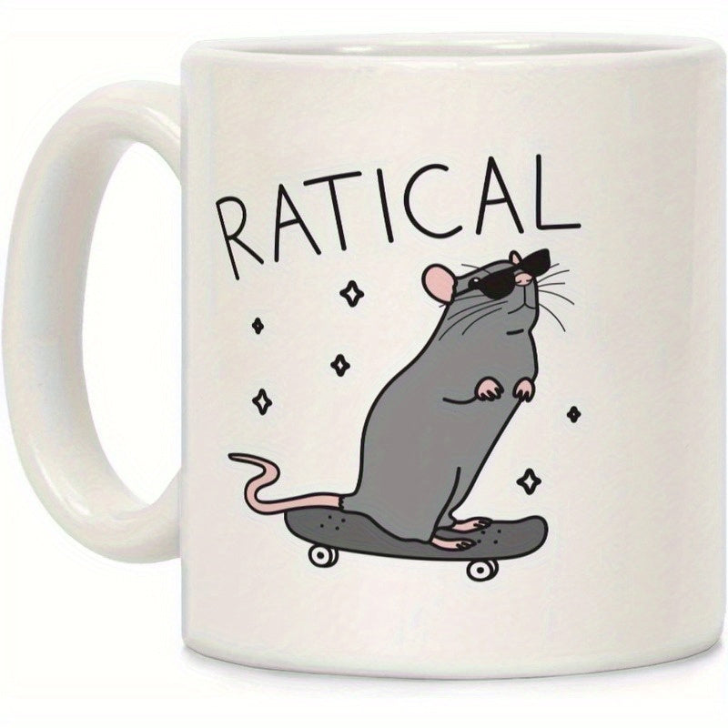 Tailorly White Ceramic 11 oz Mug - Ratical Cool Gray Rat Wearing Black Sunglasses Riding Small Skateboard Under Stars Rat