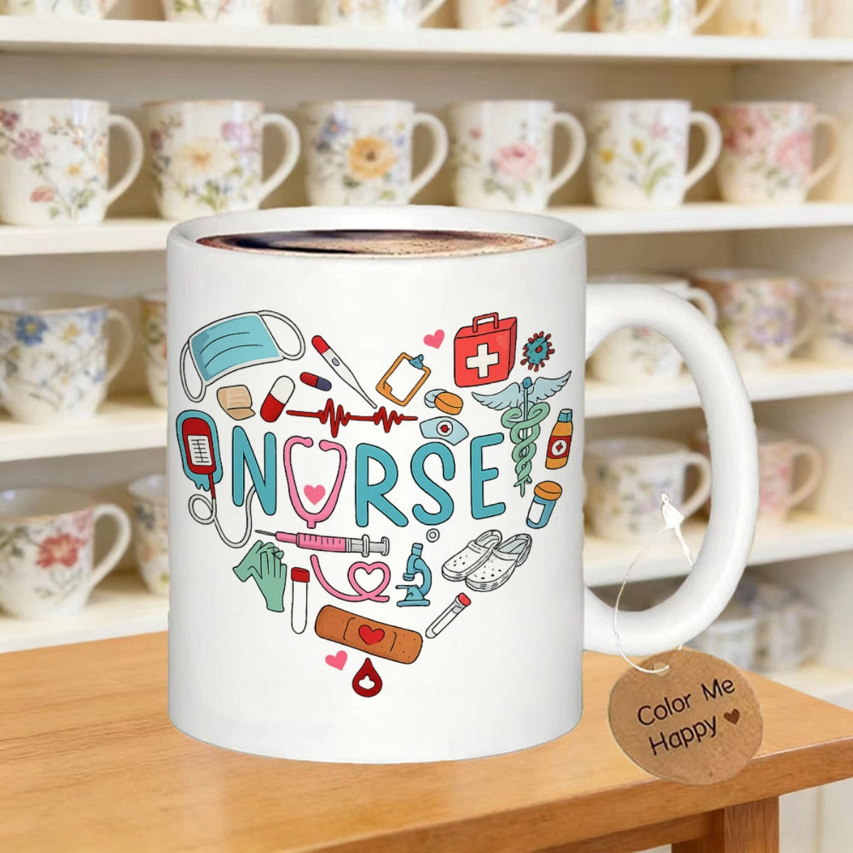 Tailorly White Ceramic 11 oz Mug - Nurse Color Me Happy Professional Medical Equipment Icons Arranged Within A Large Heart Shaped Nurse