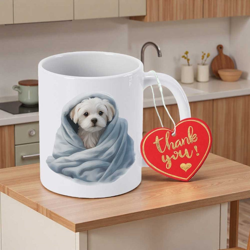 Tailorly White Ceramic 11 oz Mug - Thank You Adorable Small White Dog Wrapped Comfortably Inside A Soft Blue Fleece Blanket Puppy
