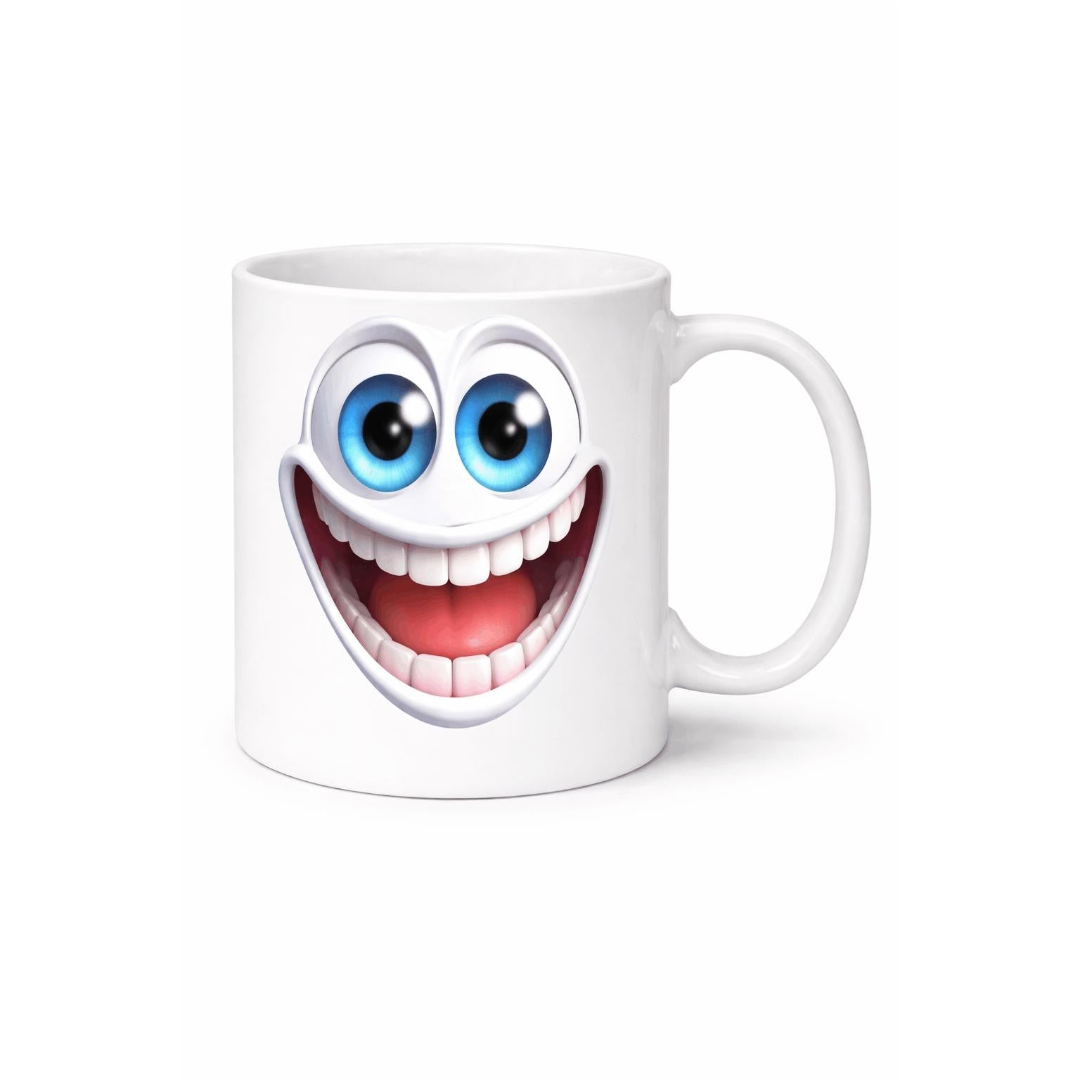Tailorly White Ceramic 11 oz Mug - Grinning Expression With Large Blue Eyes And Bright White Teeth Cartoonish Face