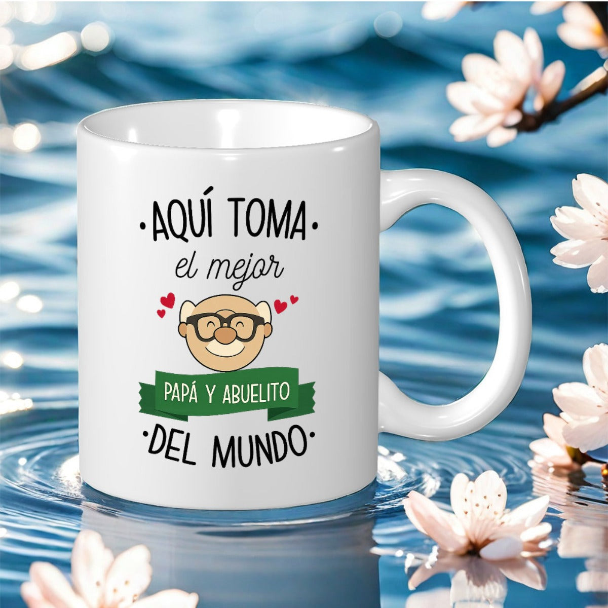 Tailorly White Ceramic 11 oz Mug - Cheerful Elderly Portrait With Classic Glasses Under Tiny Red Hearts Grandfather
