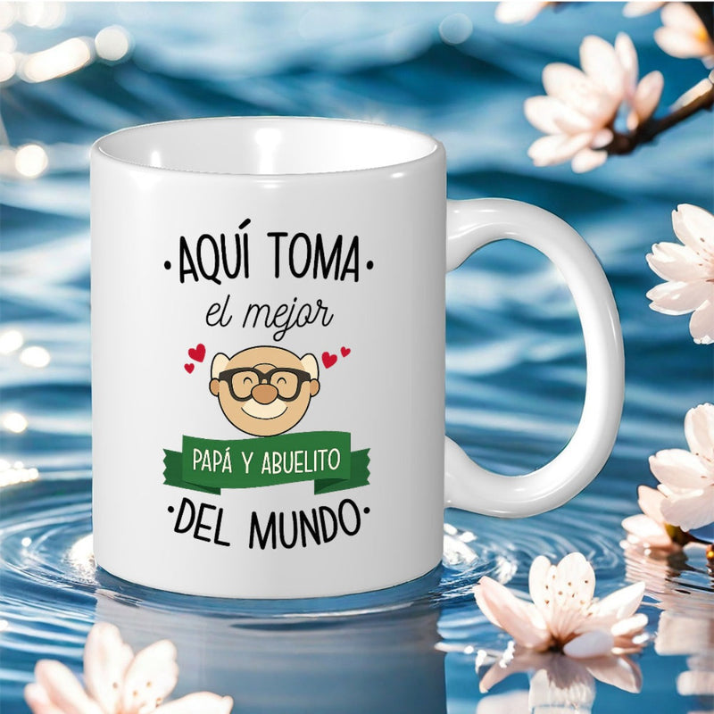 Tailorly White Ceramic 11 oz Mug - Cheerful Elderly Portrait With Classic Glasses Under Tiny Red Hearts Grandfather