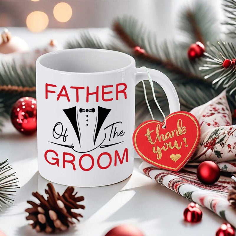 Tailorly White Ceramic 11 oz Mug - Father Of The Groom Formal Wedding Suit Design With Bow Tie And Red Decorative Lettering Tuxedo