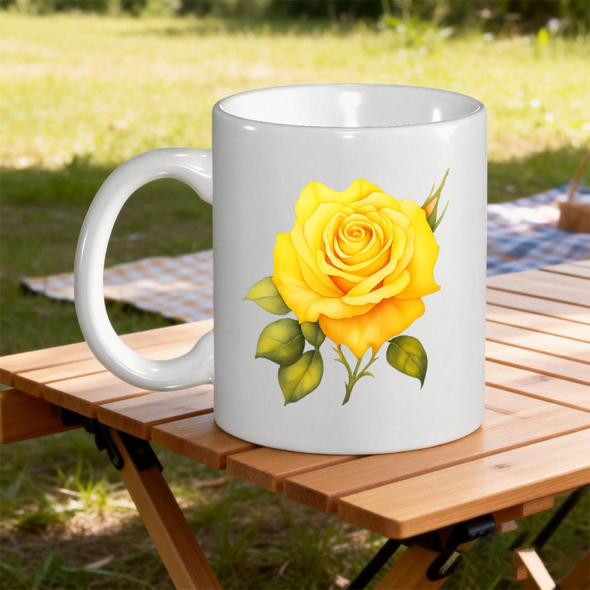 Tailorly White Ceramic 11 oz Mug - Vibrant Yellow Rose Blossoming With Green Leaves Under Soft Outdoor Sunlight Flower