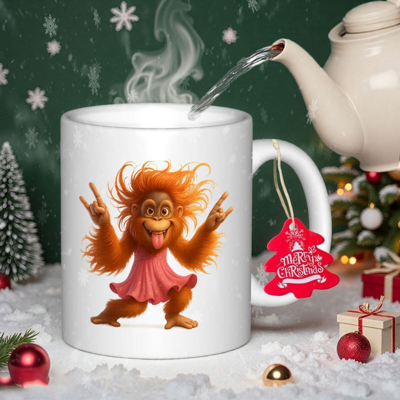 Tailorly White Ceramic 11 oz Mug - Merry Christmas Vibrant Orange Furry Primate Wearing A Pink Dress Dancing On Snowy Background Orangutan
