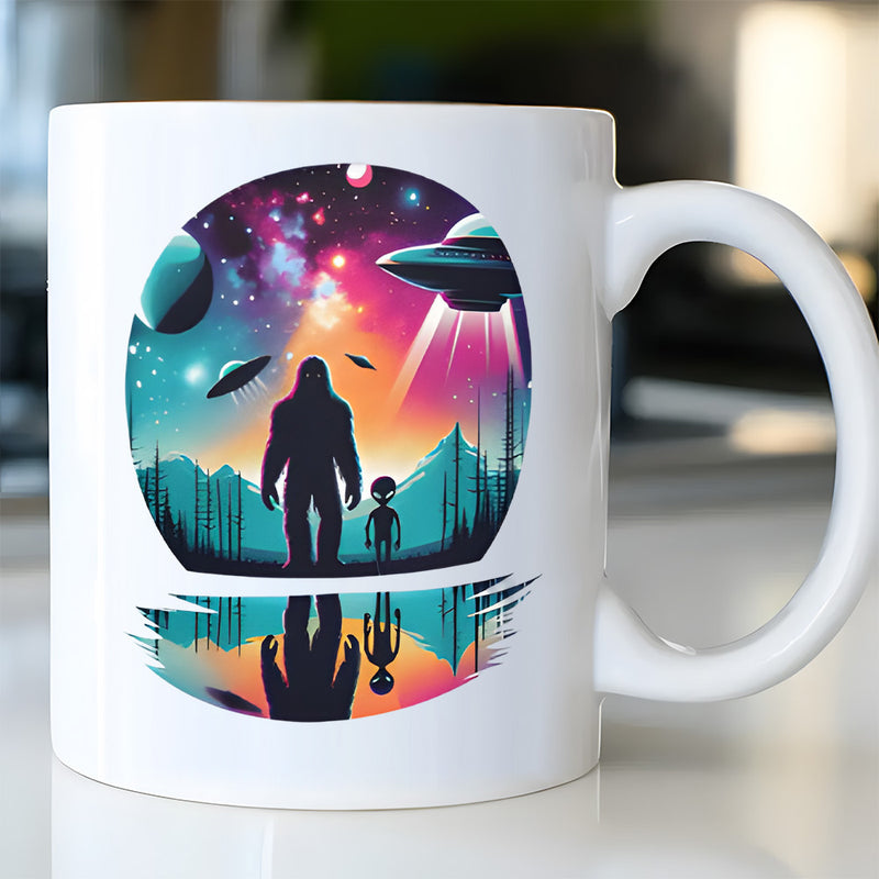 Tailorly White Ceramic 11 oz Mug - Mystic Cosmic Night With Bigfoot And Small Alien Under Glowing UFO