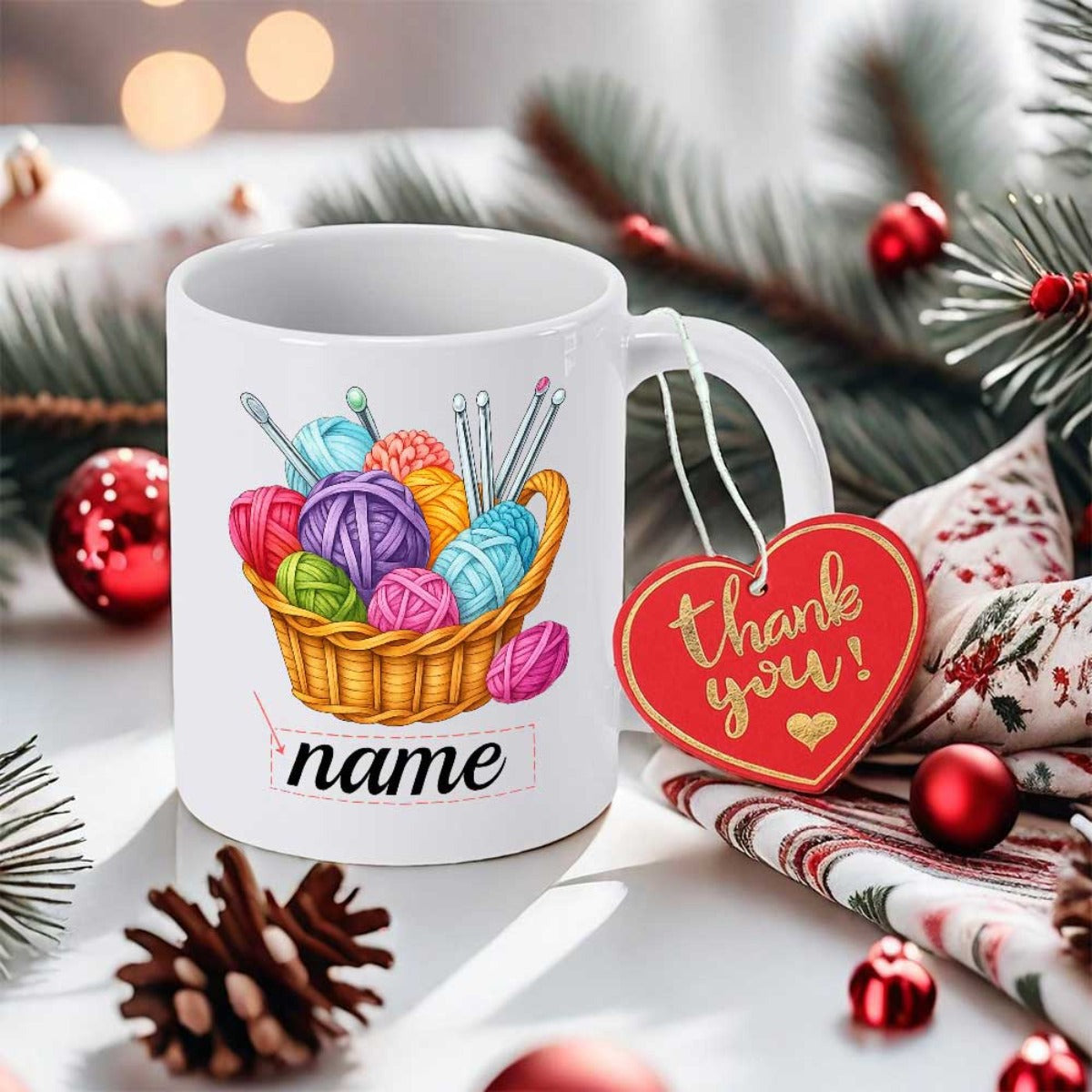 Tailorly White Ceramic 11 oz Mug - Thank You Colorful Knitting Yarn Balls Inside A Woven Wicker Basket
