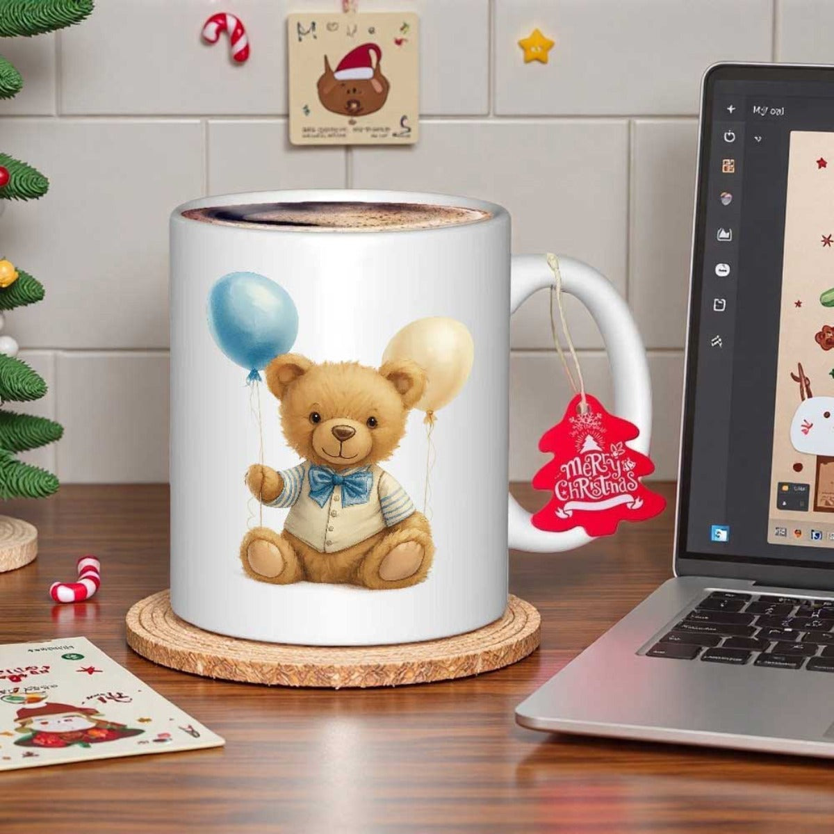 Tailorly White Ceramic 11 oz Mug - Adorable Sitting Brown Plush Wearing Blue Bow Tie Holding Floating Colorful Balloons Bear