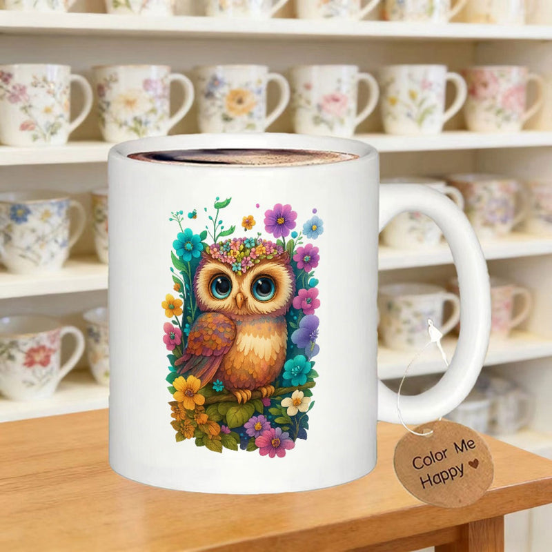 Tailorly White Ceramic 11 oz Mug - Color Me Happy Adorable Wide Eyed Bird Perched On Branches Among Vibrant Blooming Garden Flowers Owl