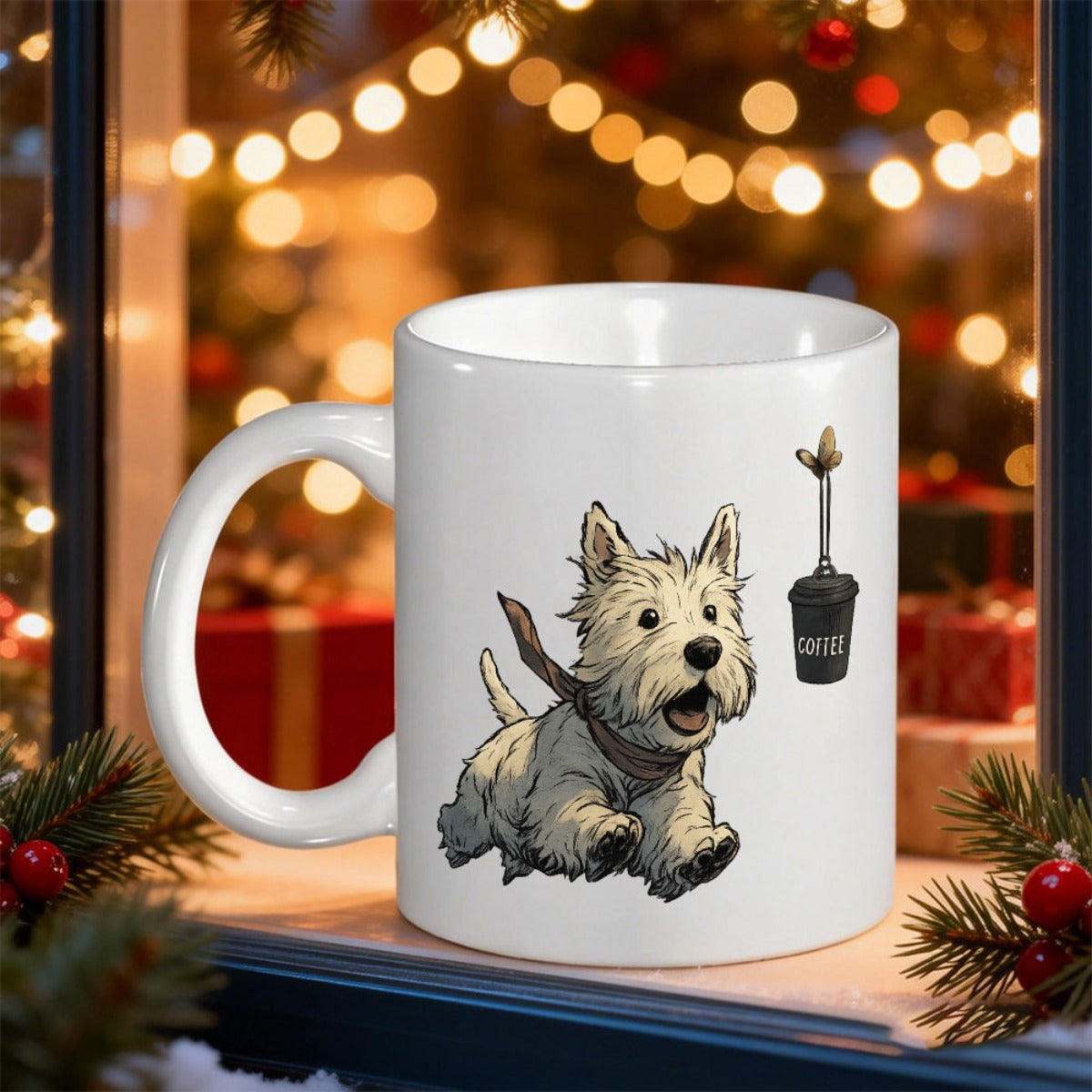 Tailorly White Ceramic 11 oz Mug - Playful White Westie Running With Stick Beside Small Garden Bin Dog