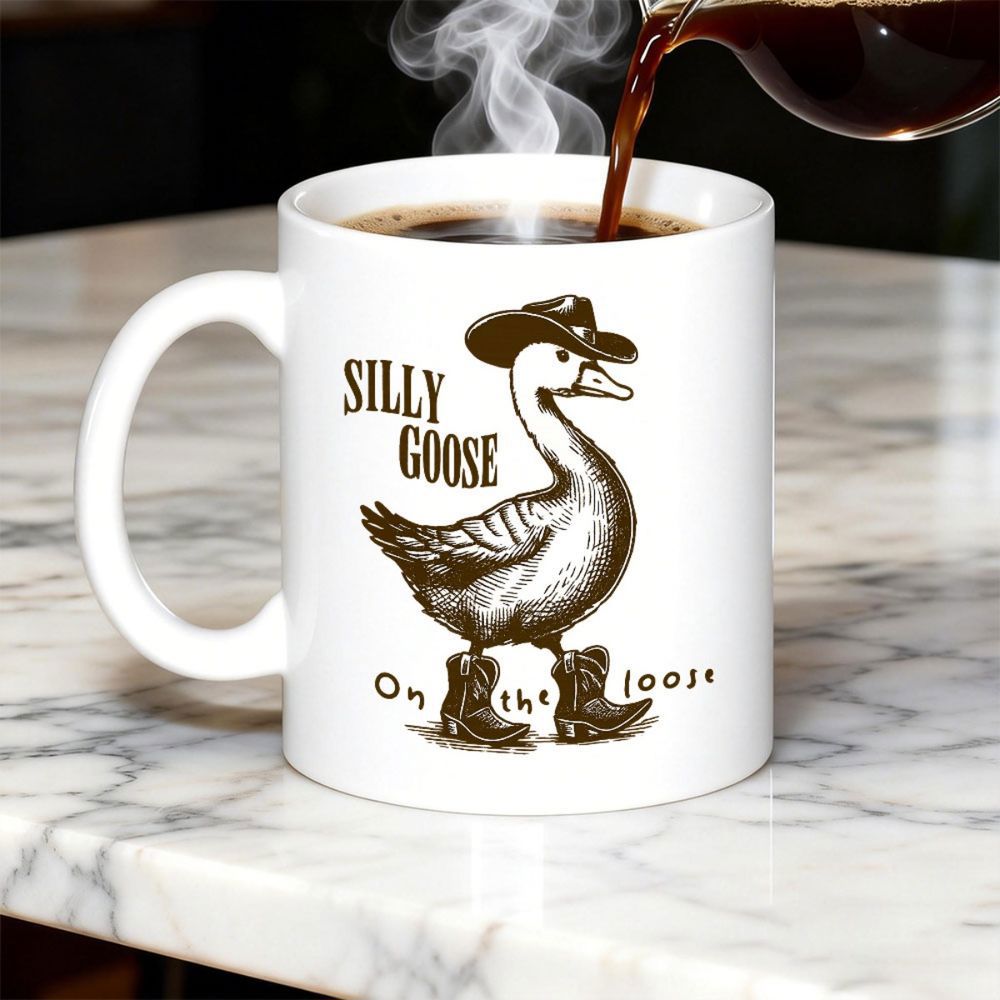 Tailorly White Ceramic 11 oz Mug - Silly Goose On The Loose Hand Drawn Vintage Style Wearing Cowboy Hat And Boots Farm Goose