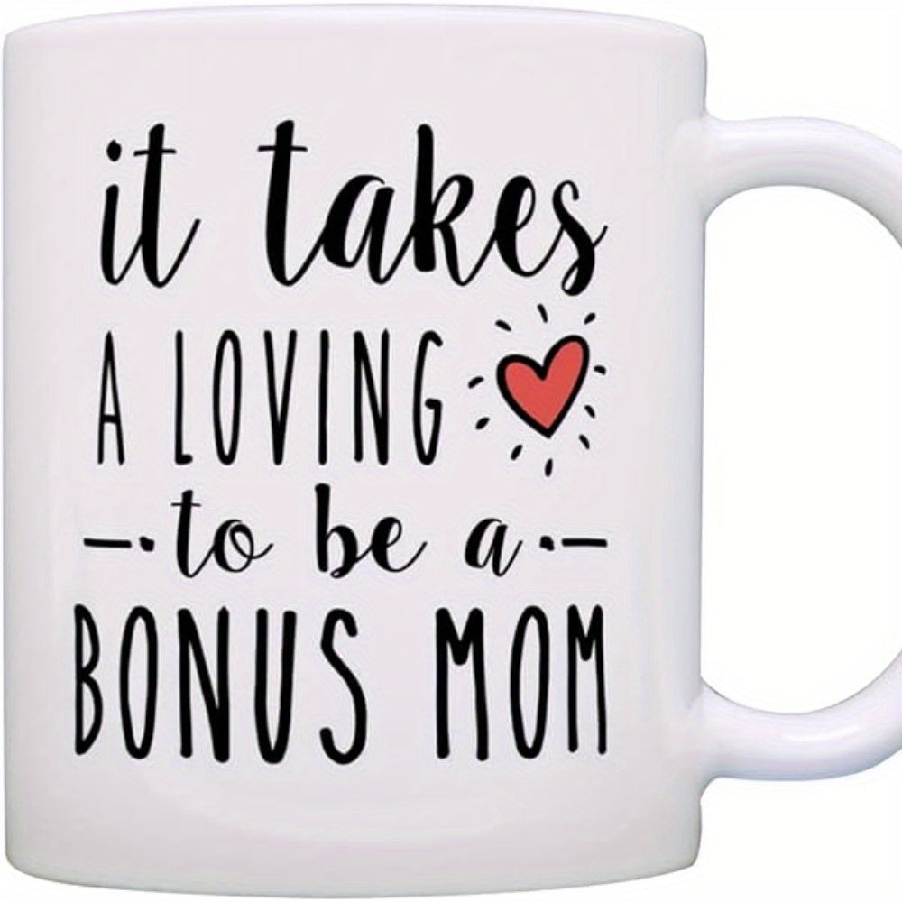 Tailorly White Ceramic 11 oz Mug - It Takes A Loving To Be A Bonus Mom Hand Drawn Style Red Heart With Radiating Lines Mug