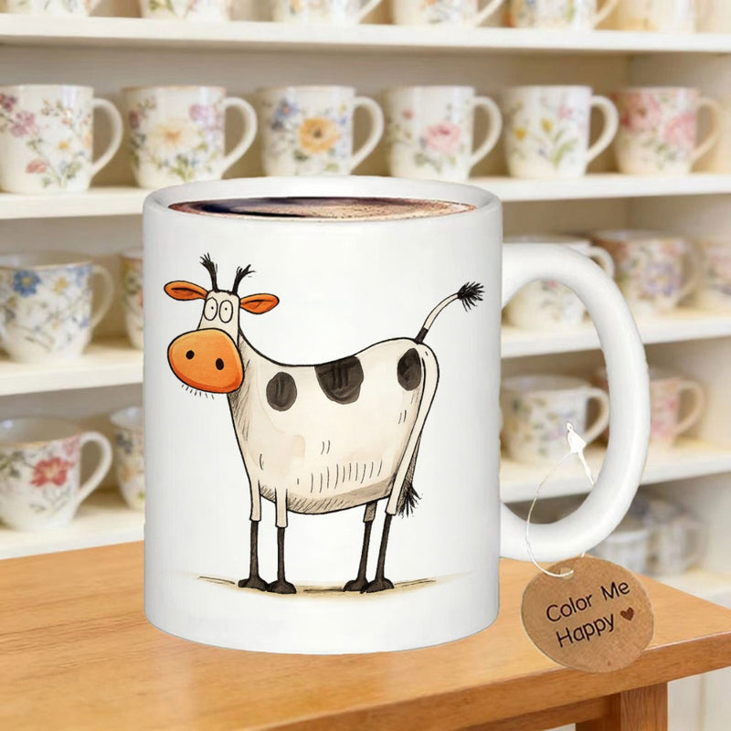 Tailorly White Ceramic 11 oz Mug - Color Me Happy Playful Hand Drawn Spotted Cow Standing Still On Plain White Surface Cow