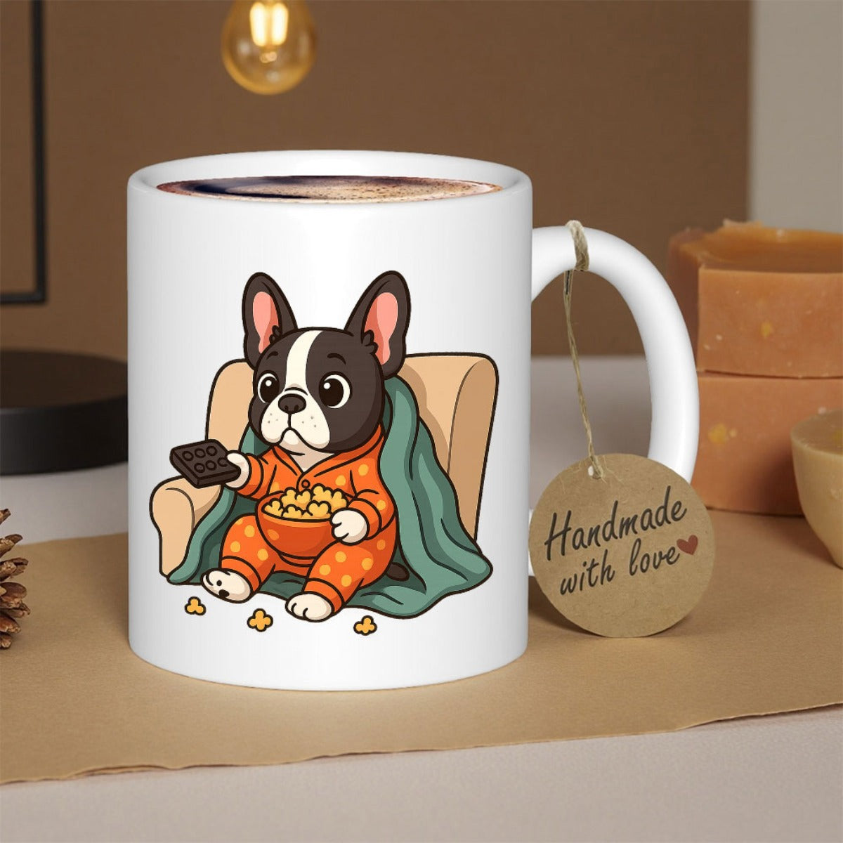 Tailorly White Ceramic 11 oz Mug - Handmade With Love Adorable Cartoon French Bulldog Wearing Orange Pajamas Eating Popcorn Dog