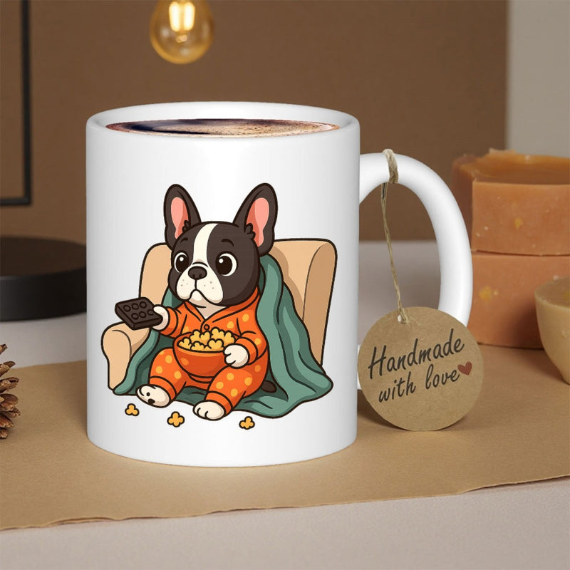 Tailorly White Ceramic 11 oz Mug - Handmade With Love Adorable Cartoon French Bulldog Wearing Orange Pajamas Eating Popcorn Dog