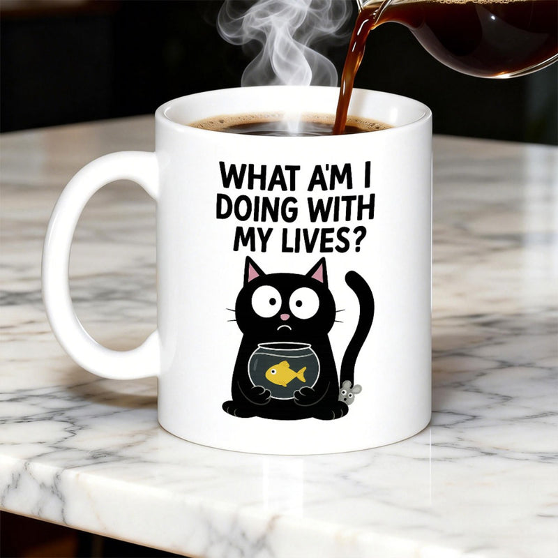 Tailorly White Ceramic 11 oz Mug - What Am I Doing With My Lives Surprised Black Kitten Holding A Small Round Goldfish Bowl Cat