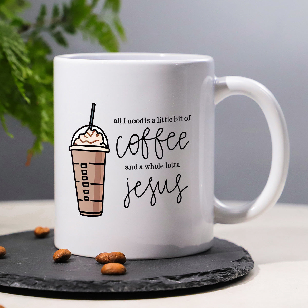 Tailorly White Ceramic 11 oz Mug - All I Need Is A Little Bit Of Coffee And A Whole Lotta Jesus Minimalist Illustration Of Iced Coffee With Whipped Cream And Straw