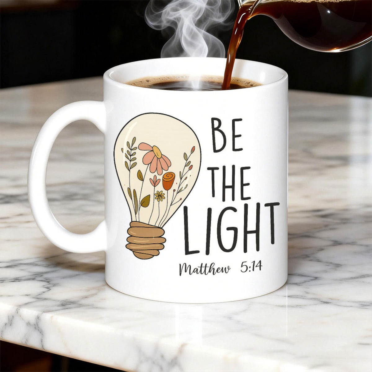 Tailorly White Ceramic 11 oz Mug - Be The Light Matthew 5 14 Delicate Wildflowers Growing Inside A Decorative Hand Drawn Glass Lightbulb
