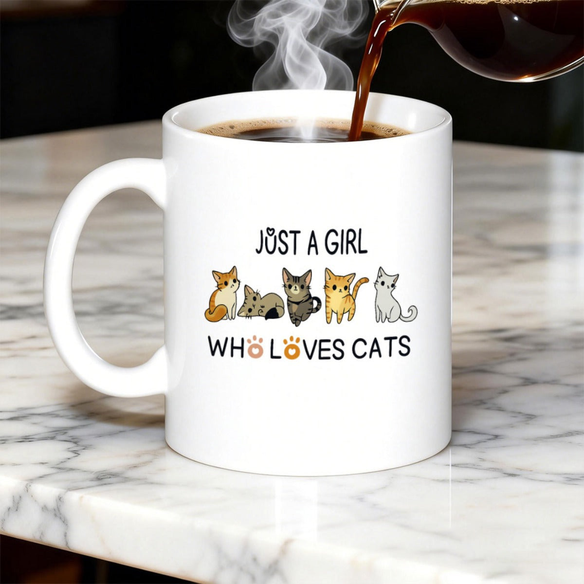 Tailorly White Ceramic 11 oz Mug - Just A Girl Who Loves Cats Five Diverse Tiny Cartoon Kittens Sitting In A Row Together Cats