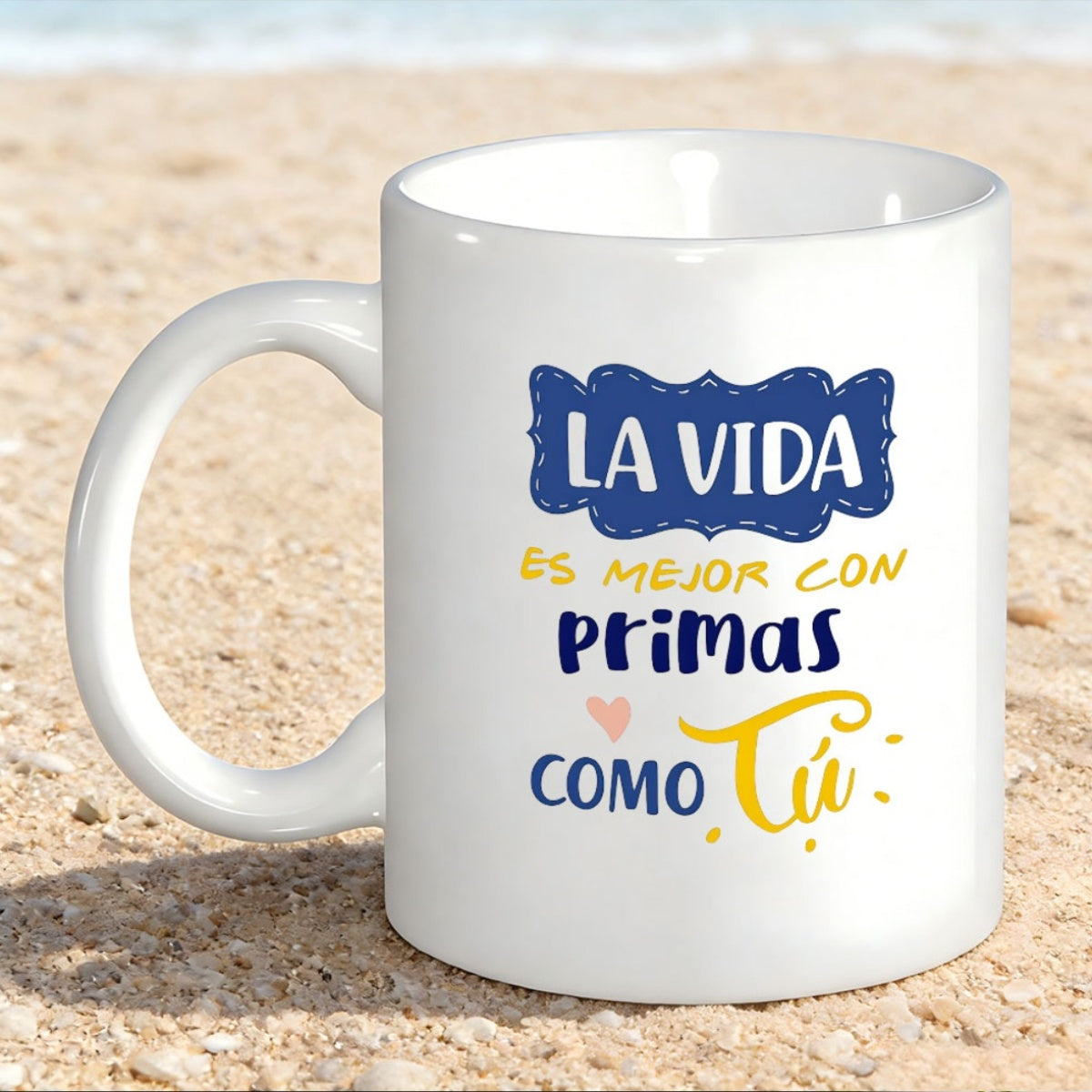 Tailorly White Ceramic 11 oz Mug - White Ceramic Vessel Resting On Beach Sand Under Bright Sunlight Mug