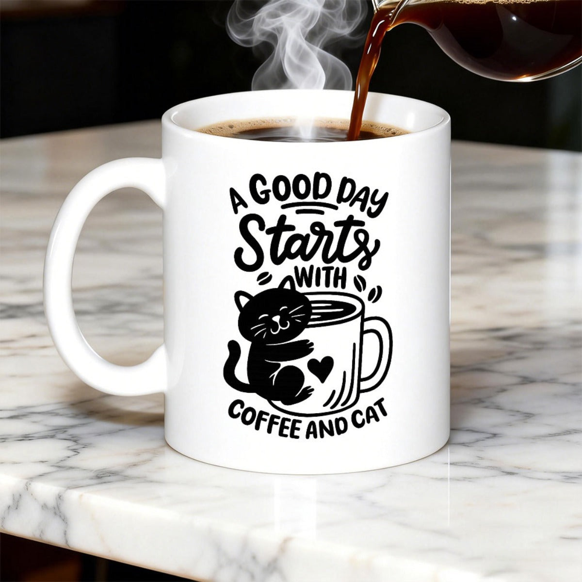 Tailorly White Ceramic 11 oz Mug - A Good Day Starts With Coffee And Cat Adorable Silhouette Of A Black Cat Embracing A Coffee Cup Cat