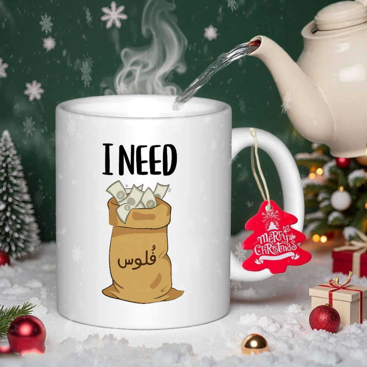 Tailorly White Ceramic 11 oz Mug - I Need Classic Burlap Bag Overflowing With Cash Bills Within Festive Snowy Christmas Atmosphere Bag