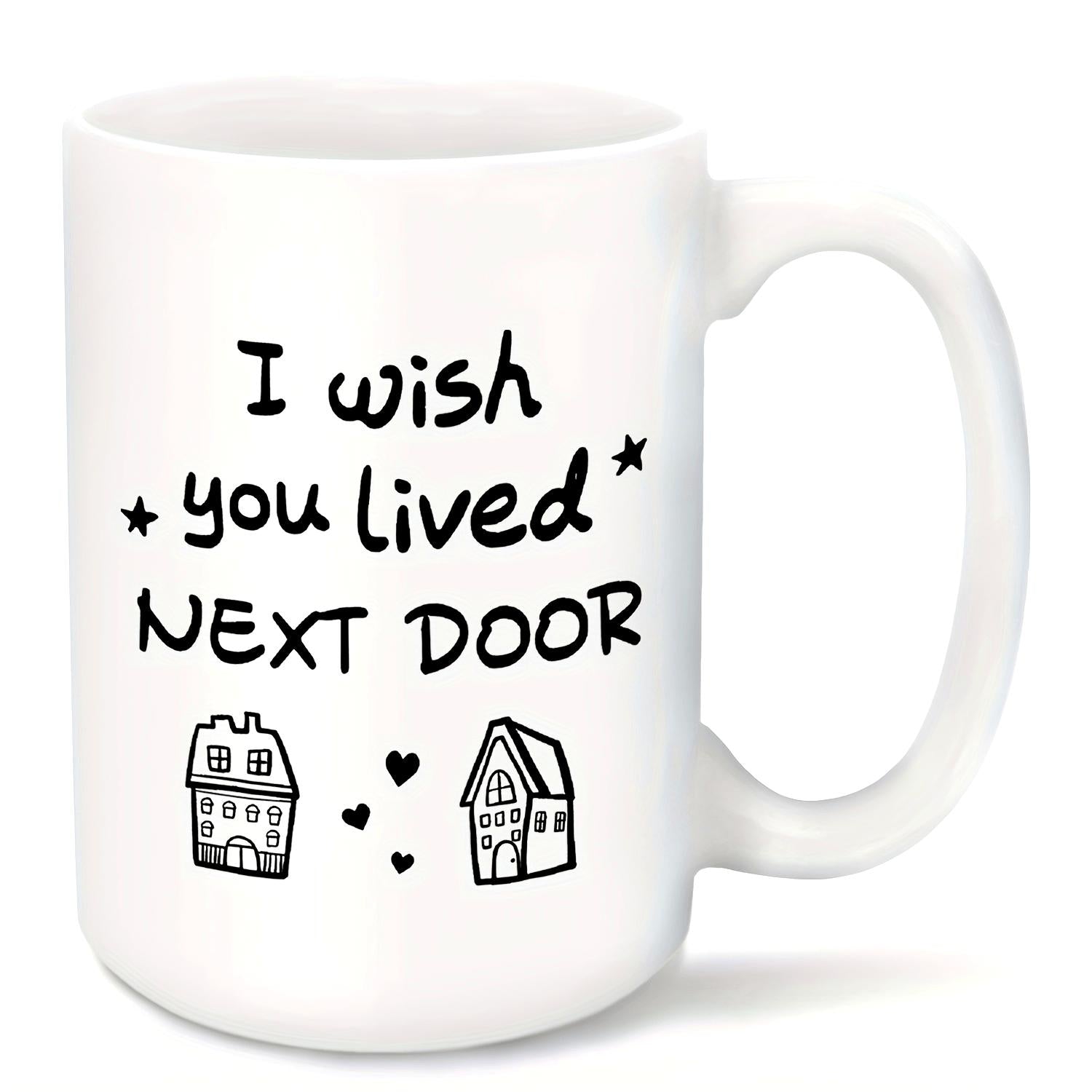 Tailorly White Ceramic 11 oz Mug - I Wish You Lived Next Door Simple Hand Drawn Village Cottages Among Tiny Floating Hearts And Stars House