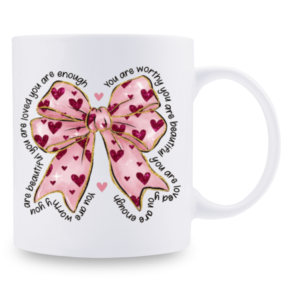 Tailorly White Ceramic 11 oz Mug - You Are Worthy You Are Beautiful You Are Loved You Are Enough Pink Coquette Style Ribbon Decorated With Small Scattered Hearts