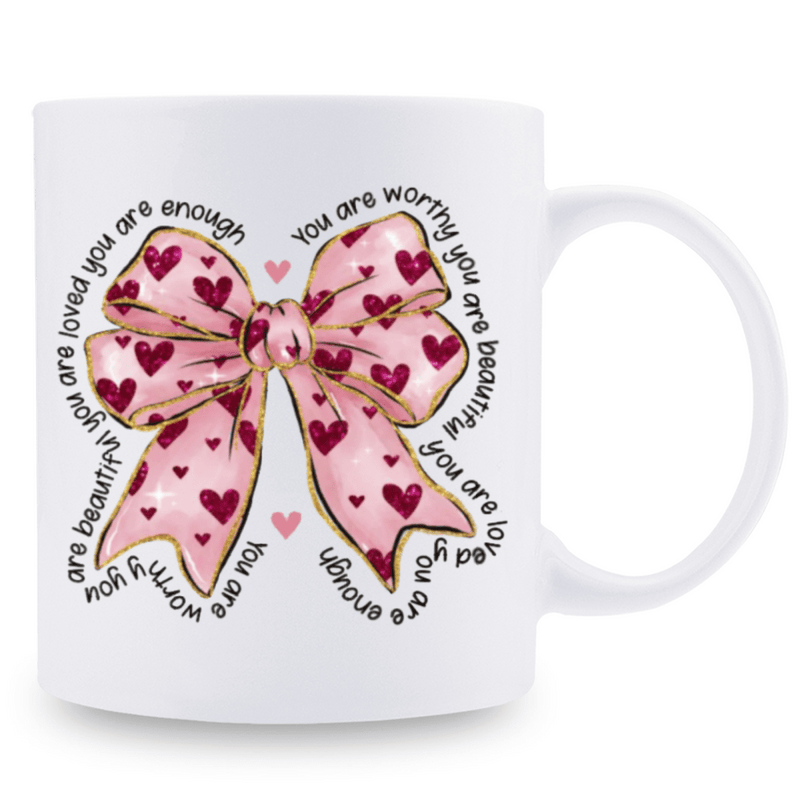 Tailorly White Ceramic 11 oz Mug - You Are Worthy You Are Beautiful You Are Loved You Are Enough Pink Coquette Style Ribbon Decorated With Small Scattered Hearts