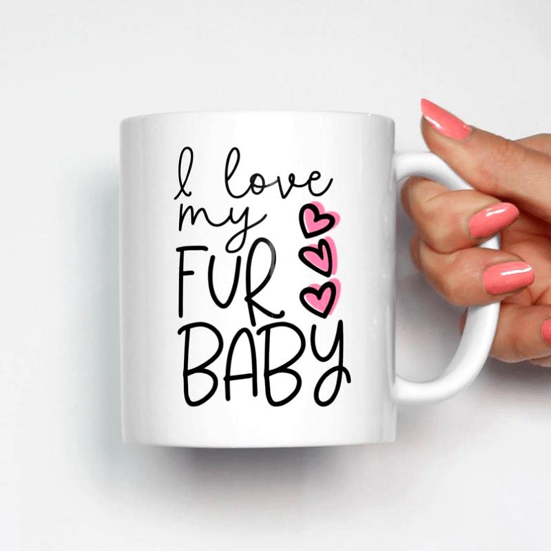 Tailorly White Ceramic 11 oz Mug - I Love My Fur Baby Minimalist Pink Hearts Arranged Vertically Along Artistic Script Design Hearts