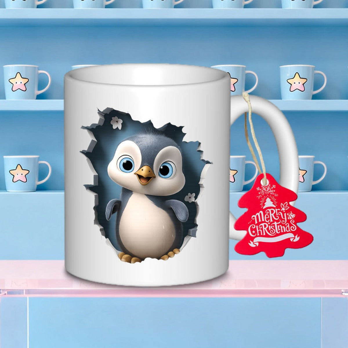 Tailorly White Ceramic 11 oz Mug - Merry Christmas Adorable Baby Penguin Peeking Through Broken White Wall Surface Penguin