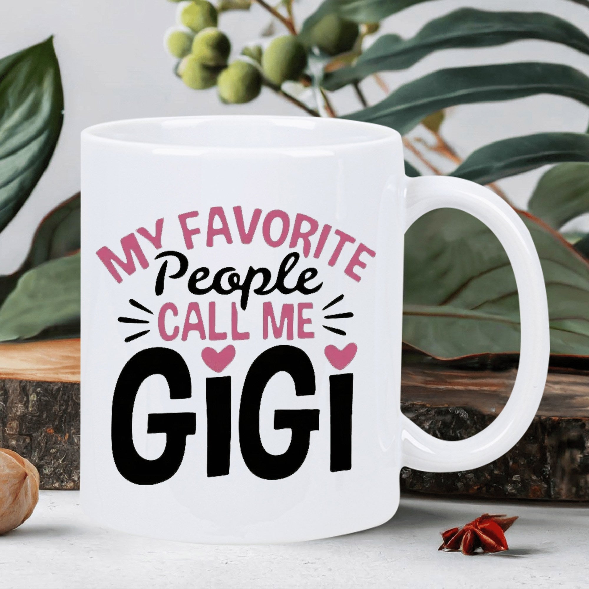 Tailorly White Ceramic 11 oz Mug - My Favorite People Call Me Gigi Charming Pink Hearts With Script Typography And Radiant Lines Design Sign