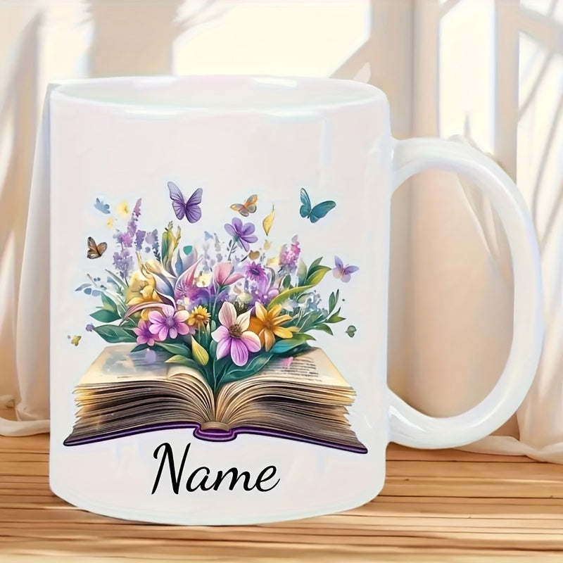 Tailorly White Ceramic 11 oz Mug - Name Colorful Blossoming Flowers And Flying Butterflies Emerging From An Open Book