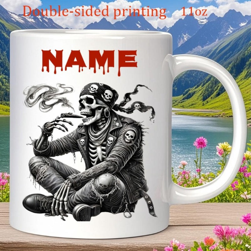 Tailorly White Ceramic 11 oz Mug - Name Smoking Biker Wearing Leather Jacket And Bandana Sitting Relaxed Skull Skeleton