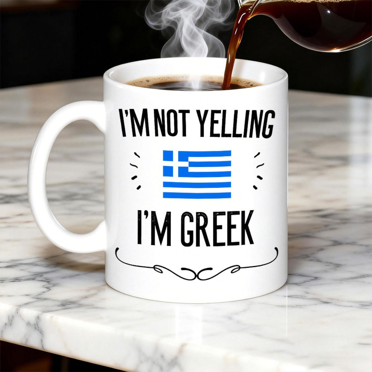 Tailorly White Ceramic 11 oz Mug - I'M NOT YELLING I'M GREEK National Patriotic Stripes With Iconic Blue And White Canton Symbol Flag
