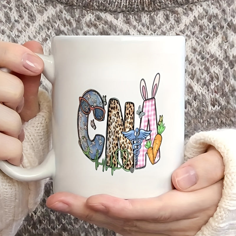 Tailorly White Ceramic 11 oz Mug - CNA Artistic Leopard Pattern With Bunny Ears And Medical Symbol Design