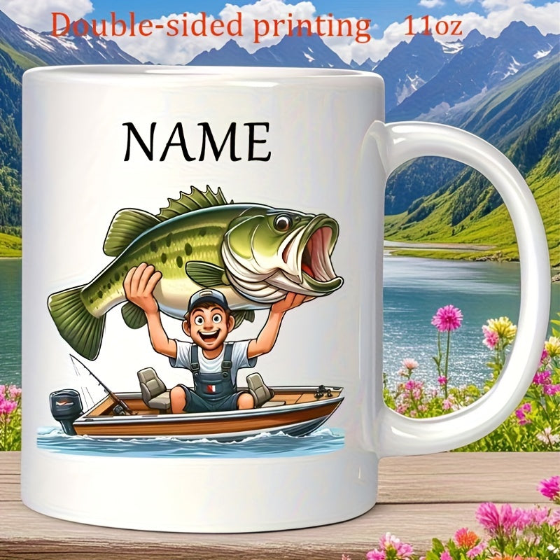 Tailorly White Ceramic 11 oz Mug - Name Joyful Young Fisherman Lifting A Giant Green Largemouth Bass