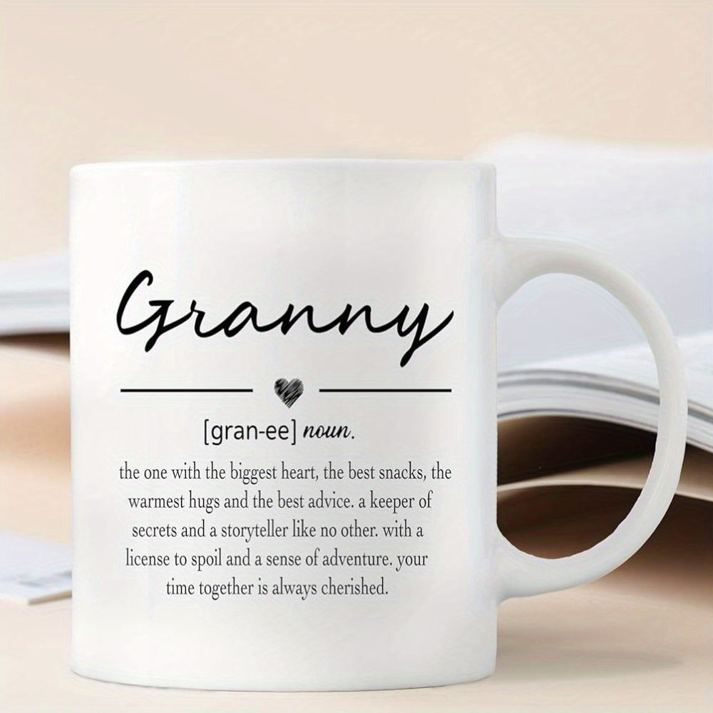 Tailorly White Ceramic 11 oz Mug - Granny Elegant Minimalist White Ceramic Featuring Black Script Text And Heart Motif Mug