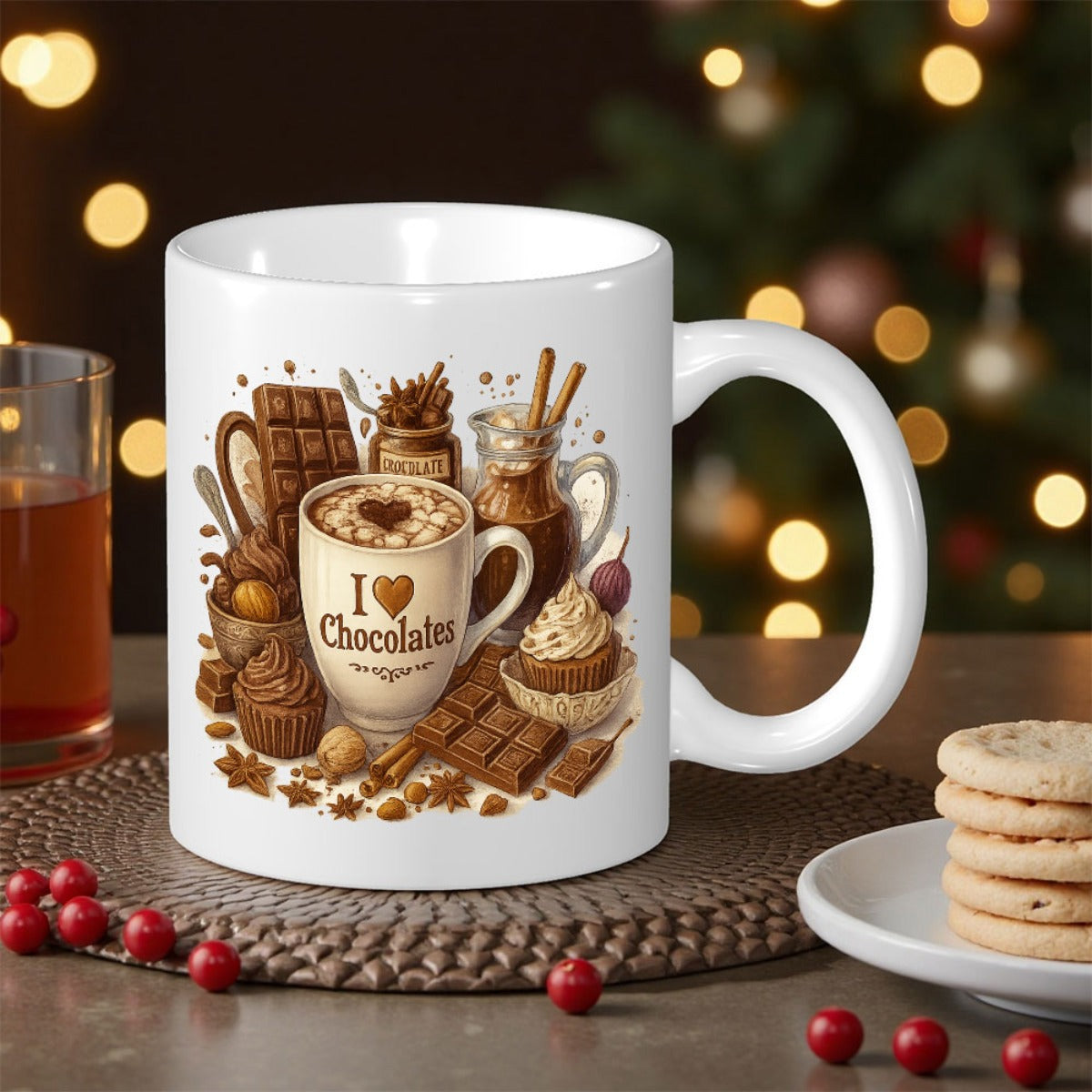 Tailorly White Ceramic 11 oz Mug - I Chocolates Delicious Assorted Cocoa Treats Surrounded By Sweet Cupcakes And Dark Bars Chocolate Cup