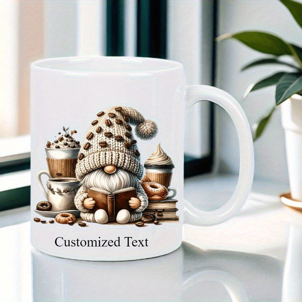 Tailorly White Ceramic 11 oz Mug - Customized Text Cozy Gnome Reading Book Among Coffee Cups And Sweet Donuts Gnome