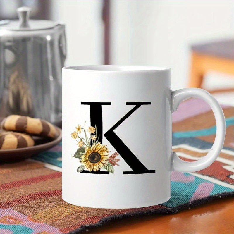 Tailorly White Ceramic 11 oz Mug - K Elegant Blooming Yellow Petals Among Green Leaves With Black Alphabet Sunflower