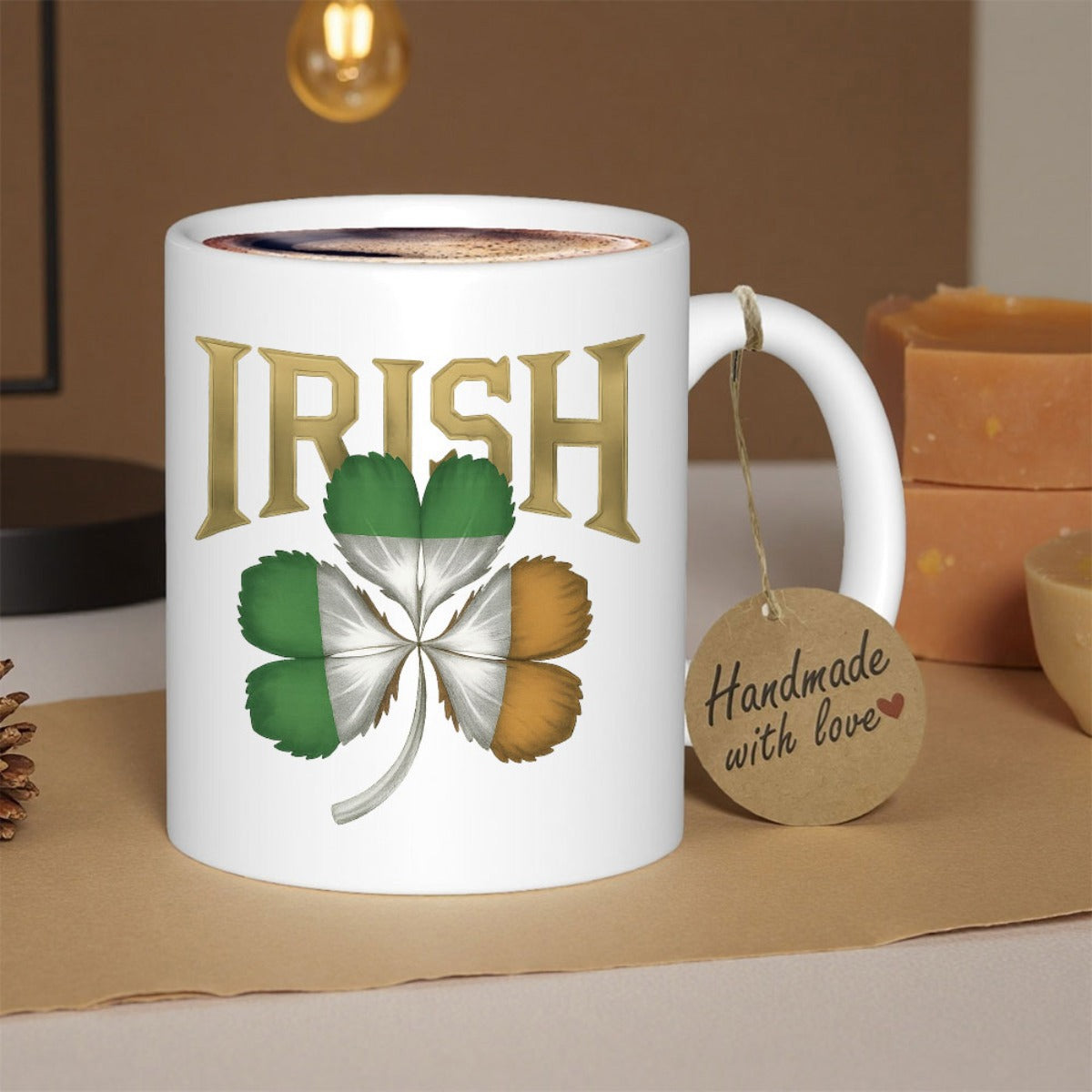 Tailorly White Ceramic 11 oz Mug - Irish Vibrant Three Leaf Graphic Featuring National Flag Colors Under Bold Golden Shamrock