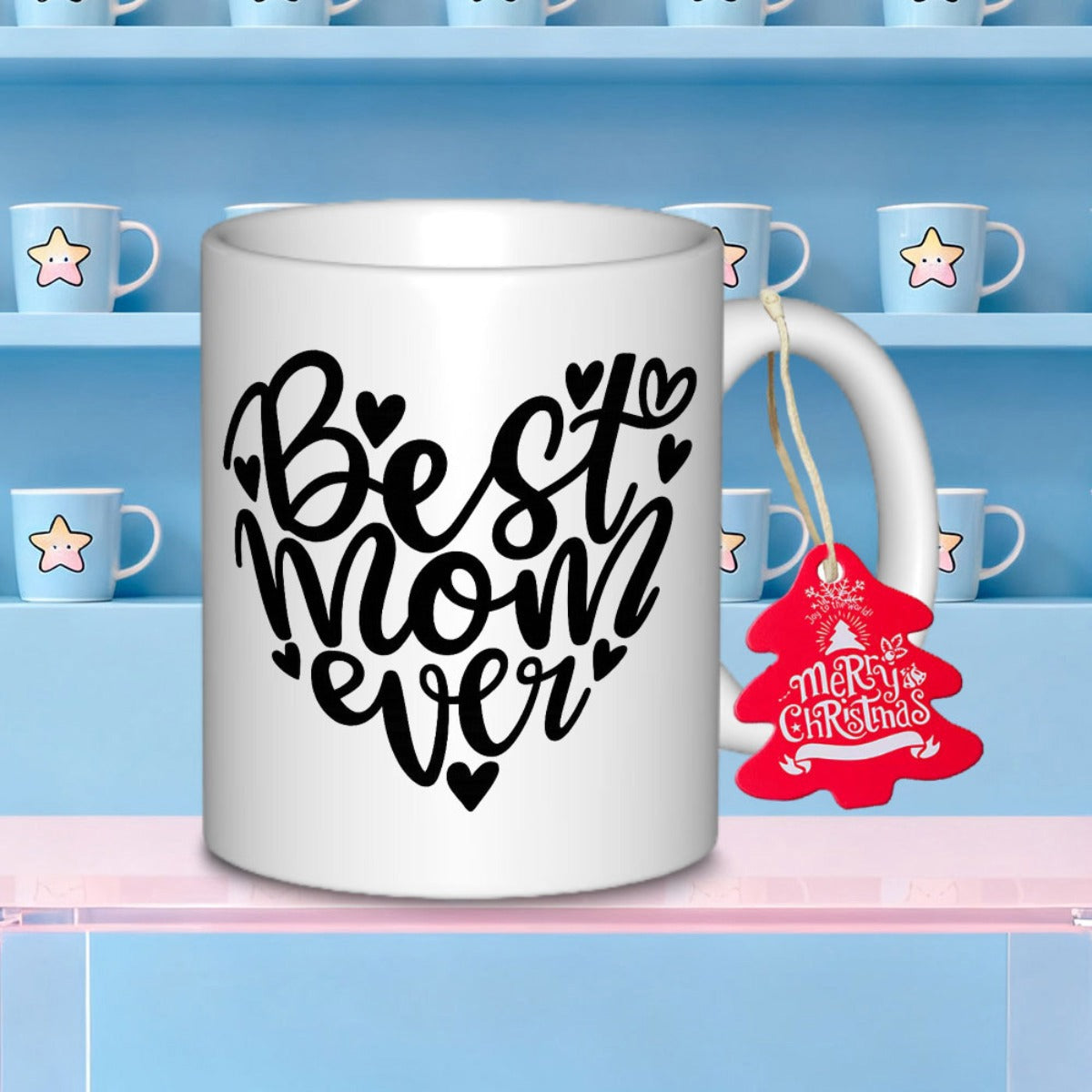 Tailorly White Ceramic 11 oz Mug - Best Mom Ever Artistic Script Text With Delicate Hearts In Minimalist Black Silhouette Heart