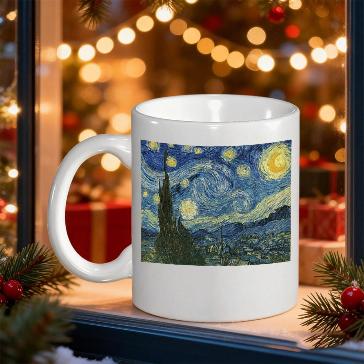 Tailorly White Ceramic 11 oz Mug - Swirling Blue Night Sky With Glowing Yellow Moon And Stars Painting